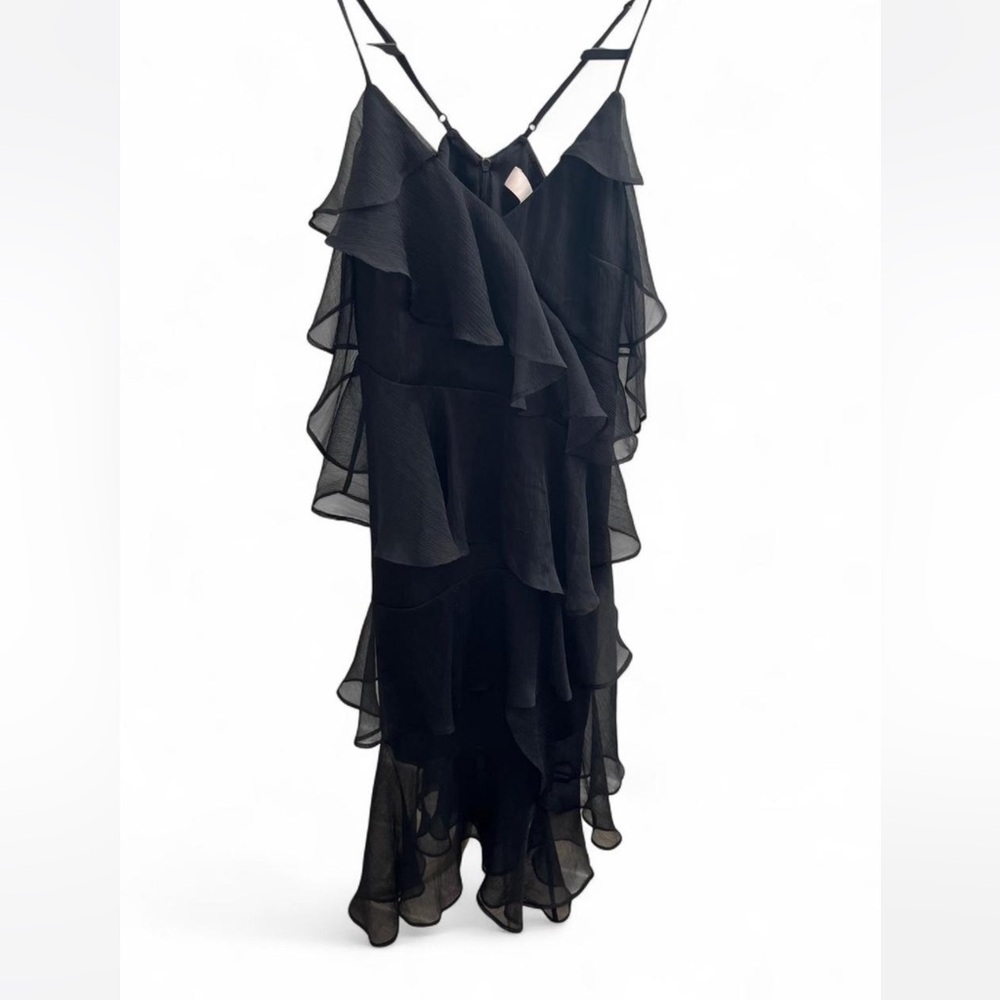 Keepsake black ruffled tiered dress with adjustable straps & back zipper closure